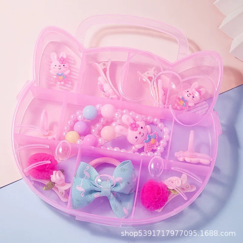 [Hỏa tốc HCM]Hộp phụ kiện Hello Kitty cho bé gồm cột, kẹp vòng cổ màu hồng cho bé - Selenshop