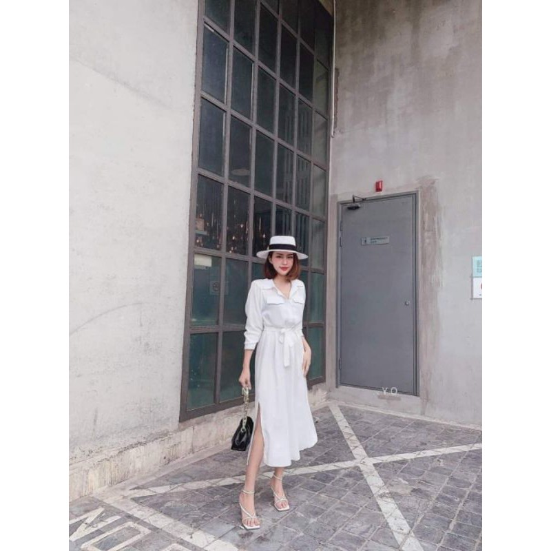 Đầm sơmi dáng suông xẻ tà