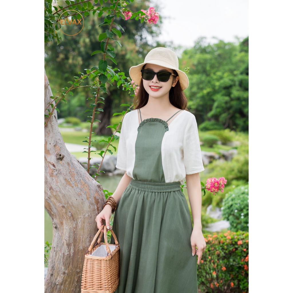 Bộ Đồ Linen Nữ ELVAX Áo Phông Cổ Yếm Xanh Rêu, Chân Váy Dài Xanh Rêu Linen Gân Xước