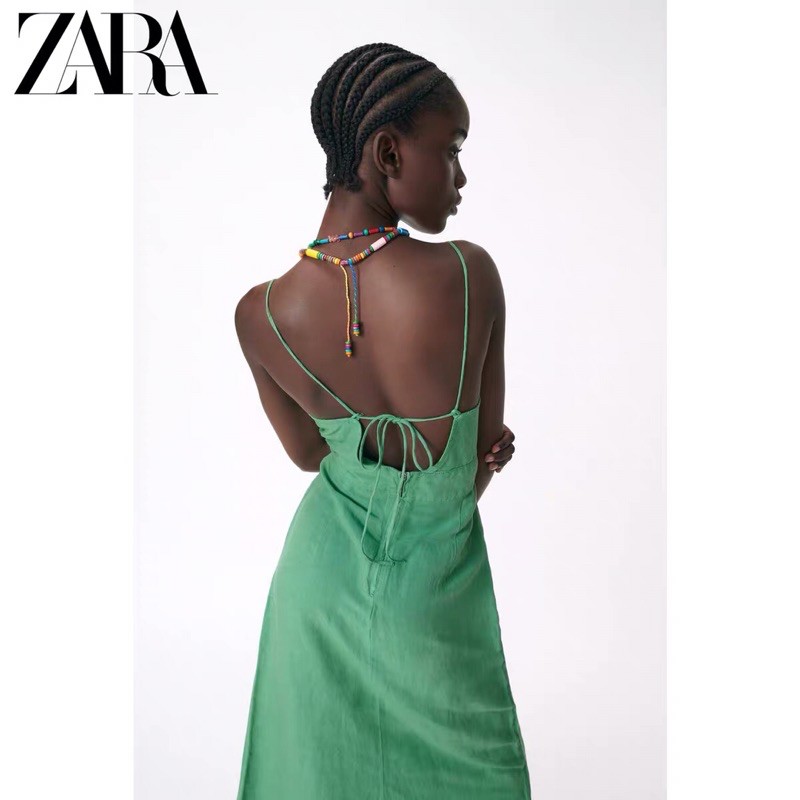 Đầm maxi hai dây Zara new 2021 hở lưng xẻ đùi màu xanh best seller