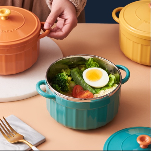 Bát úp mì, Bát ăn mì tôm inox 2 lớp cách nhiệt hình chiếc nồi có nắp đậy