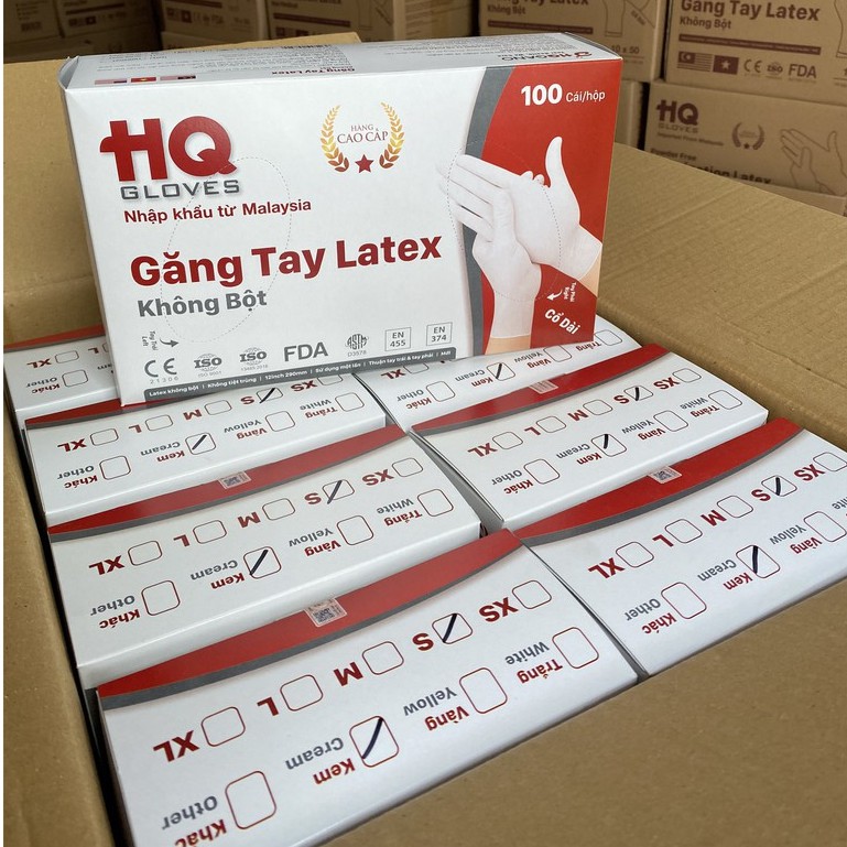 [1-Tặng-1] Găng Tay Latex Malaysia Hộp 100 cái HQGANO Không Bột, Dai-Dày-Chắc Chắn, Kháng Hóa Chất