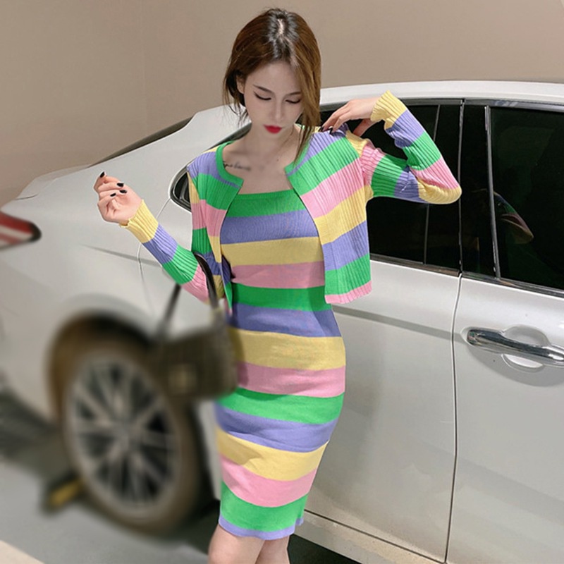 Váy Body Áo Tank Top Đầm Dệt Kim Tay Dài Hoạ Tiết Kẻ Sọc Thiết Kế Ôm Sát Tôn Dáng