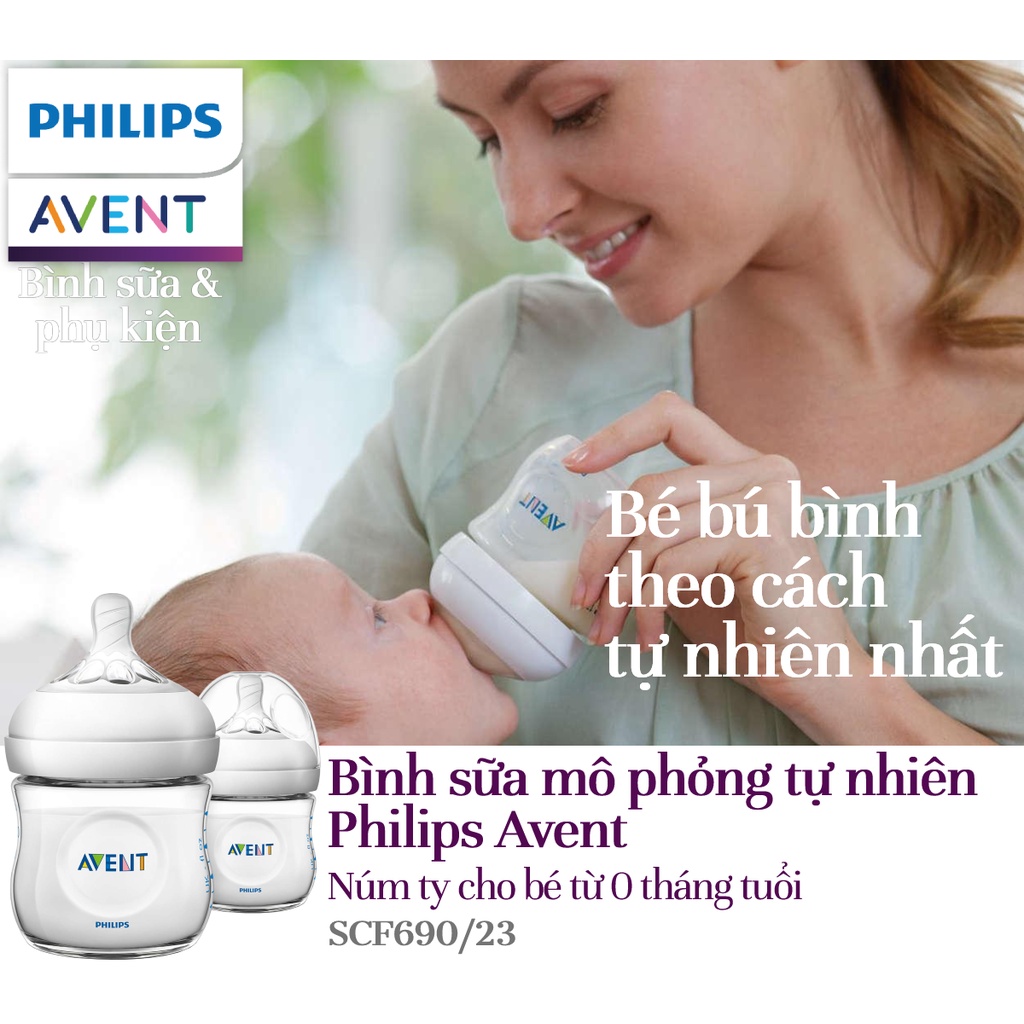 Bộ 2 bình sữa mô phỏng tự nhiên bằng nhựa hiệu Philips Avent (125ml cho trẻ từ 0 tháng ) SCF690/23