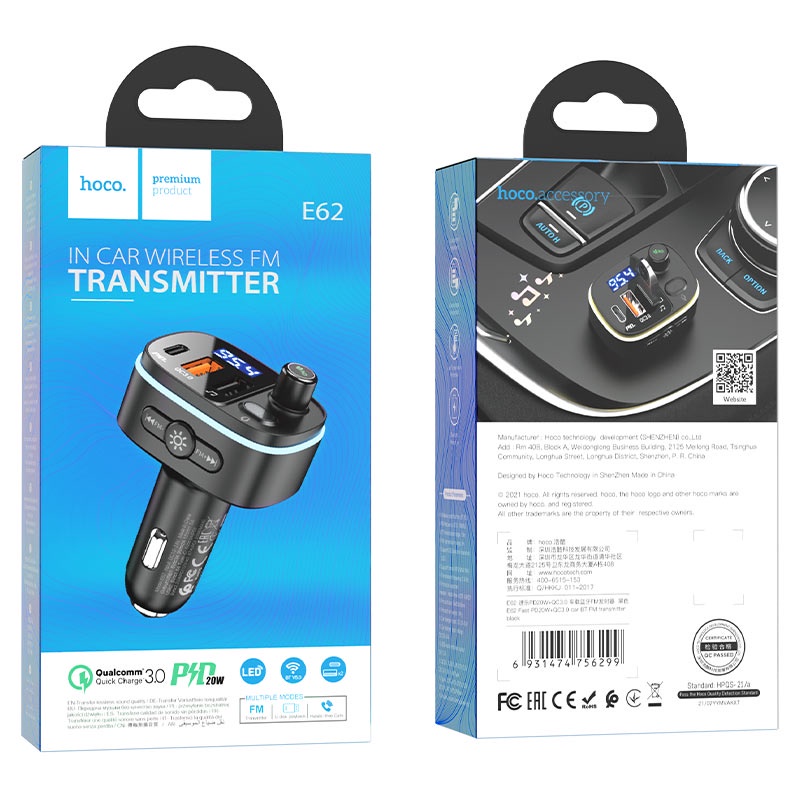 Tẩu sạc nhanh Hoco E62 PD20W QC3.0 phát nhạc qua sóng FM và Bluetooth 5.0