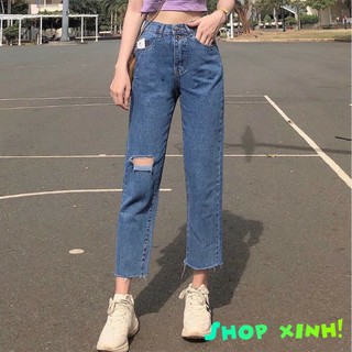 💖  Quần Jean Nữ Baggy rách  gối 💖 tua lai xanh đậm 💖