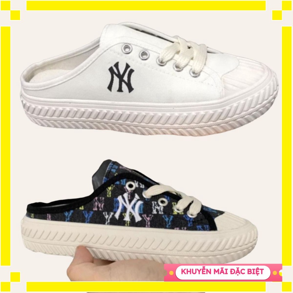 giày sục_ nữ_ đạp gót độn đế thêu NY độn đế xanh hoạ tiết+trắng mới 2022 bản chuẩn full bill box