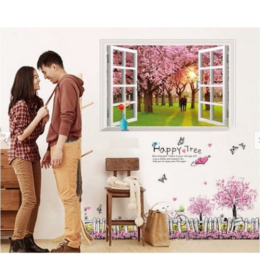 Decal trang trí khung cửa sổ 3D cảnh đôi tình nhân ở vườn Hoa Đào