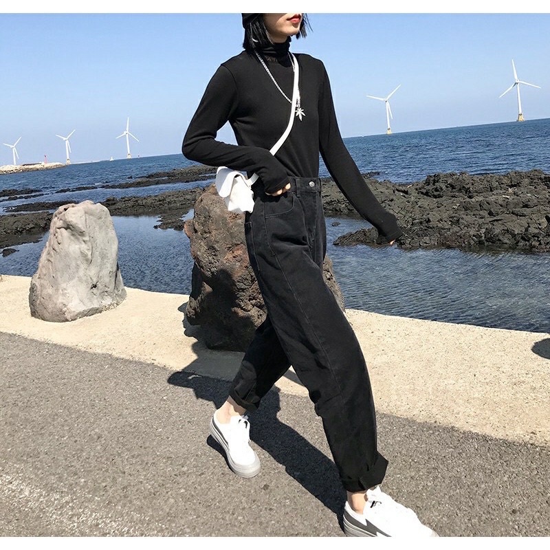 Quần jean nữ lưng thun, quần baggy bò nữ ống đứng ulzzang phong cách Hàn Quốc