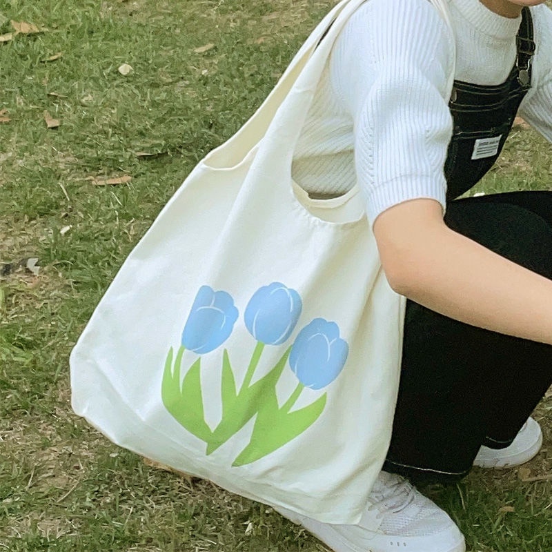 Túi Xách Vải Sức Chứa Lớn In Họa Tiết Hoa Tulip Dễ Thương Dành Cho Nữ