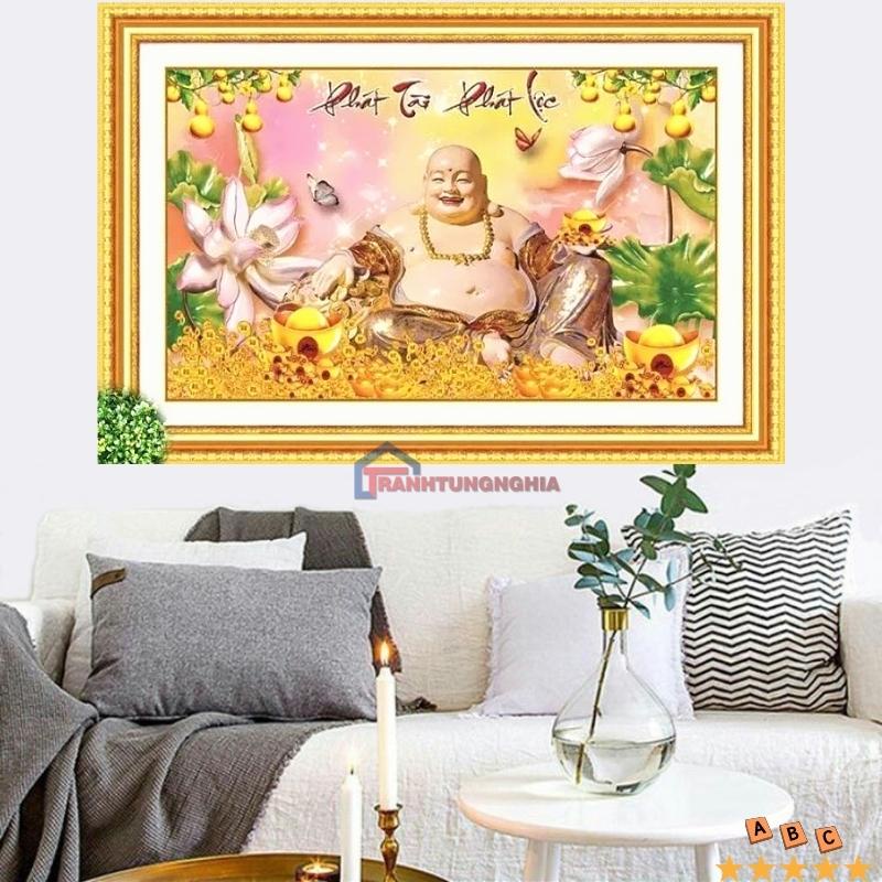 Tranh đính đá, tranh thêu chữ thập phật di lạc phát tài phát lộc 1m x 65cm