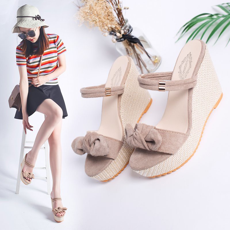 Giày sandal đế xuồng hở mũi phong cách Hàn quốc🎀Giày cao gót đế dày đính nơ xinh xắn thời trang