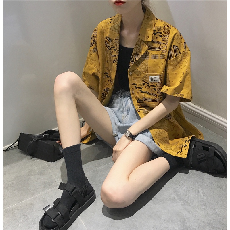 Áo sơ mi SUXI kiểu mỏng dáng rộng in họa tiết vintage dễ phối đồ thời trang mùa hè cho nữ