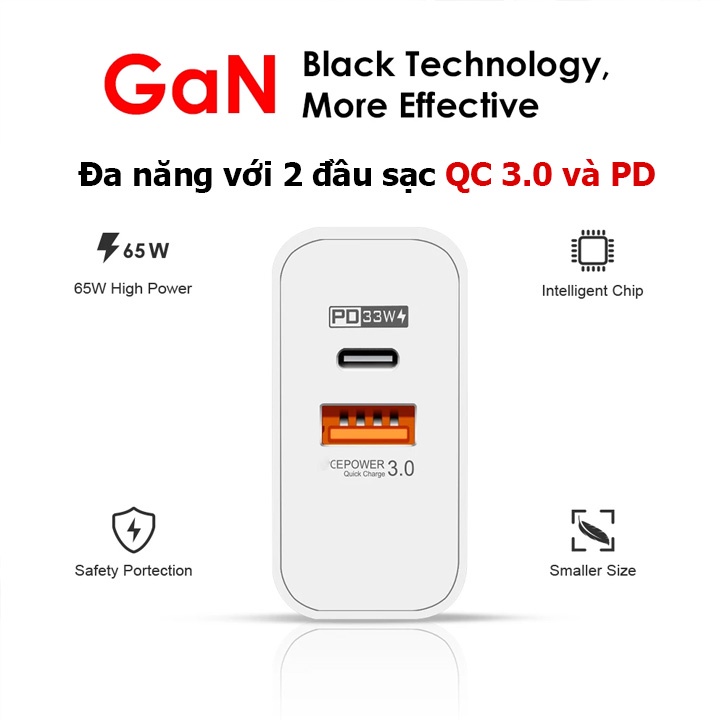 Củ sạc siêu nhanh 65W GaN máy tính điện thoại PD iP Samsung KEKE cao cấp PD - QC 3.0 có cổng Type C
