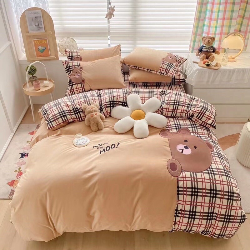 BỘ CHĂN GA GỐI NỈ SỮA GẤU TEDDY PHỐI KẺ DỄ THƯƠNG (đủ size)