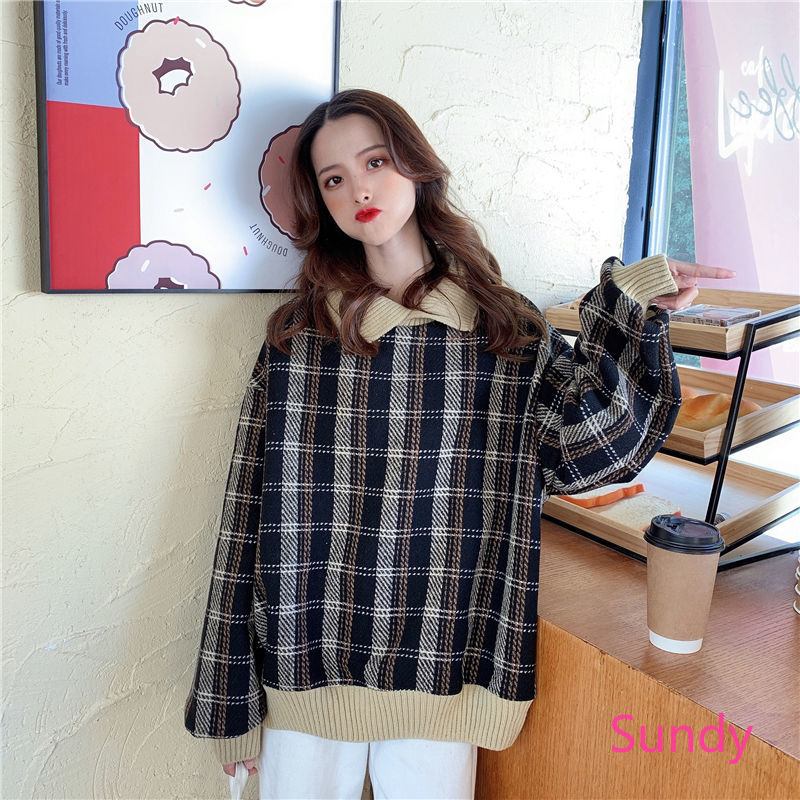 Áo Sweater Nhung Dày Dáng Rộng Cổ Polo Kẻ Sọc Xinh Xắn Dành Cho Nữ
