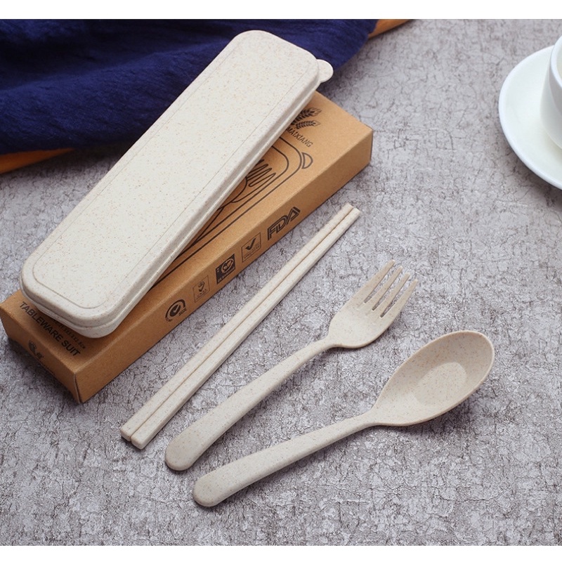 Bộ muỗng nĩa lúa mạch kèm hộp đựng 【】