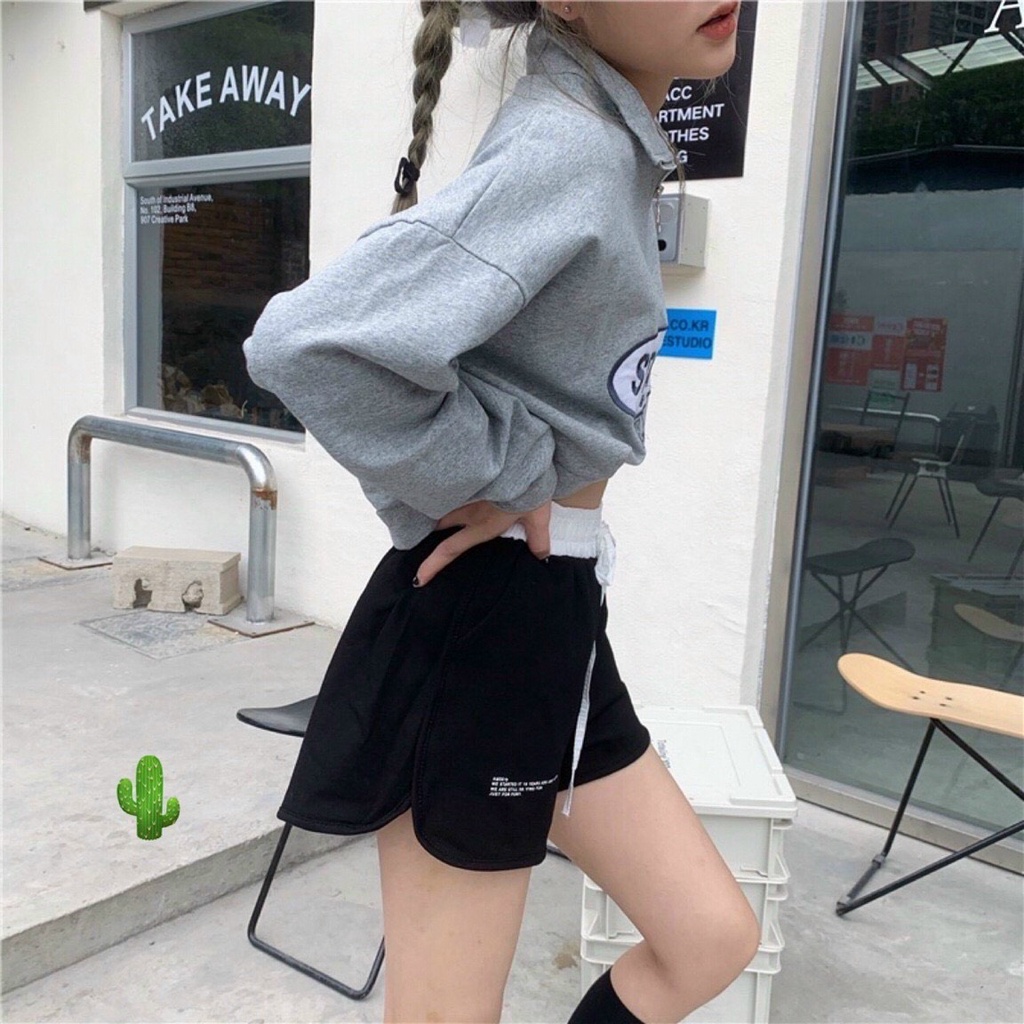 quần short thun đùi phối màu bảng eo thêu chữ p