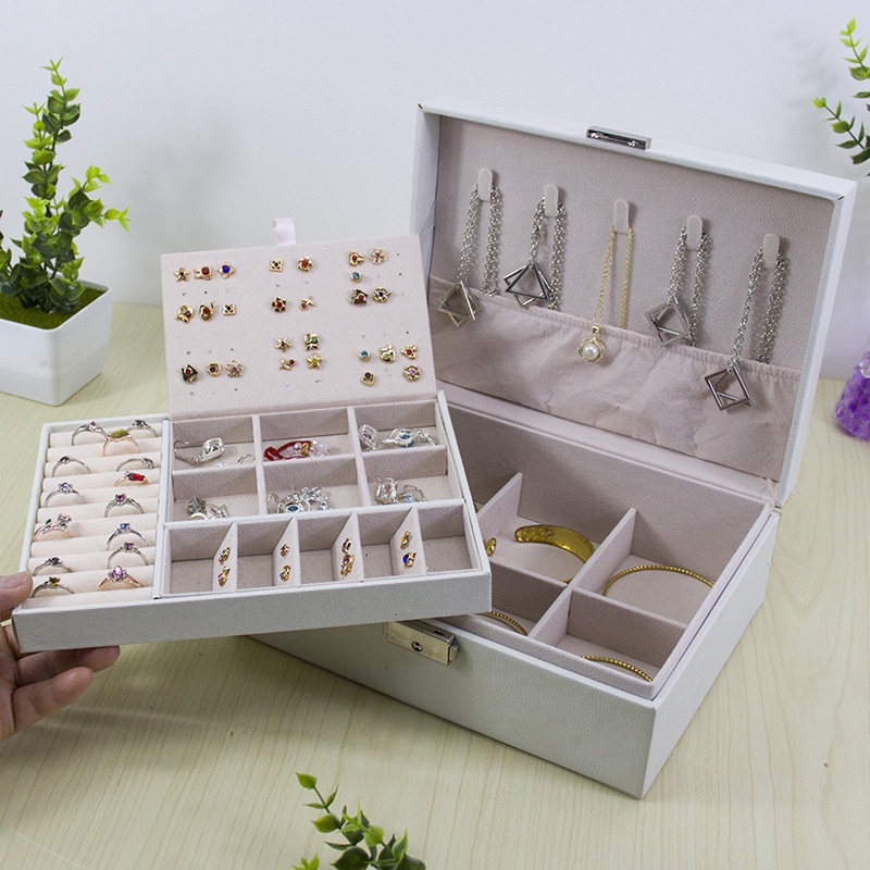 Hộp đựng trang sức bọc da PU 2 tầng có khoá cao cấp phong cách Hàn Quốc, hộp đựng nữ trang cao cấp.