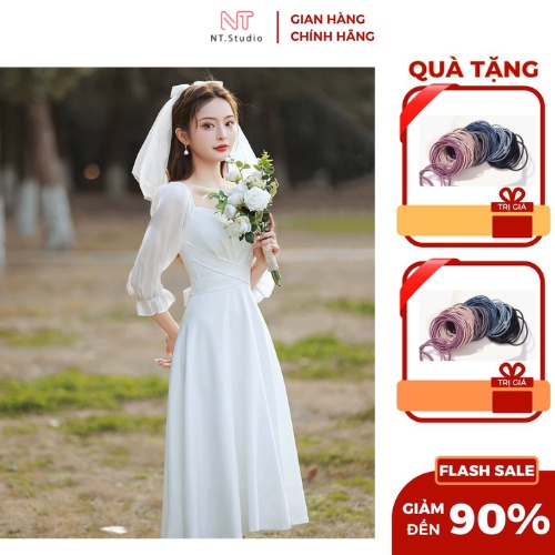 Váy cô dâu tay lỡ 2 lớp thiết kế chính hãng_Deloga