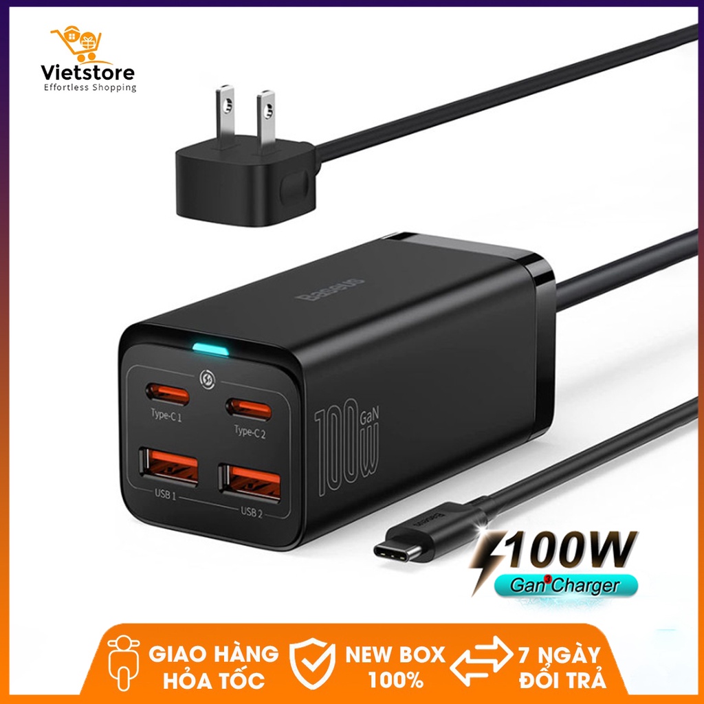 Bộ sạc nhanh Baseus 100W GaN3 Pro USB C Desktop Fast Charger 4 cổng dành cho máy tính để bàn với cáp AC 1.5m cho MacBook