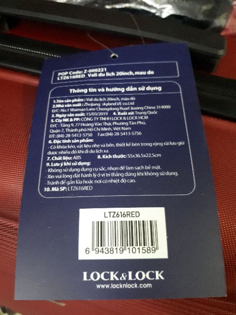 Vali Lock&Lock khóa số LTZ616RED 20inch