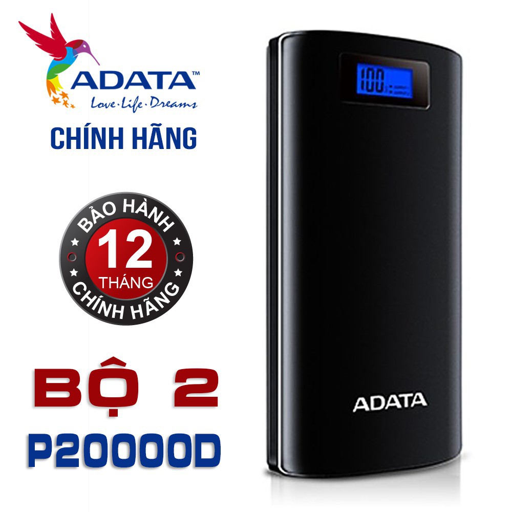 Bộ 2 Pin sạc dự phòng 20000mAh P20000D ADATA (Đen) - Hãng phân phối chính thức