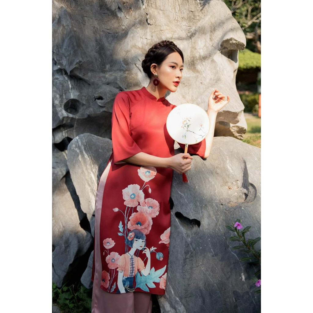 Áo dài lụa 🎀FREESHIP🎀Áo dài cách tân đỏ in hình cô gái | BigBuy360 - bigbuy360.vn