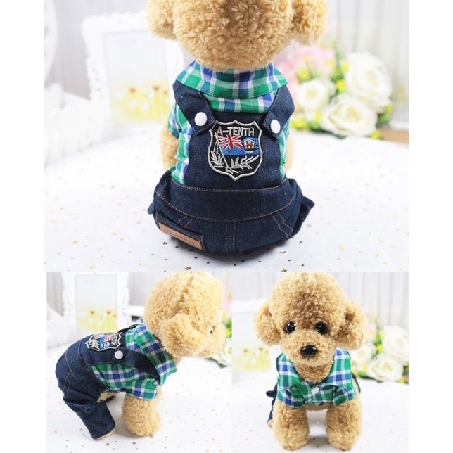 Quần áo thú cưng - quần yếm jeans dạng liền phối áo sọc caro phong cách năng động xì tin cho chó mèo