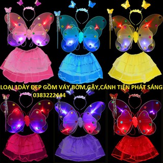 loại 1 dày đẹp, có váy, cánh tiên có đèn, kèm gậy kèm bờm, cánh bướm quà tặng trung thu cho bé