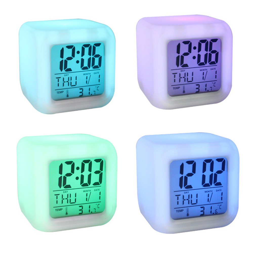 MIOSHOP Children's Gifts Alarm Clock Thermometer LED Display Square Clocks Portable White Multifunctional Colorful Discoloration Digital