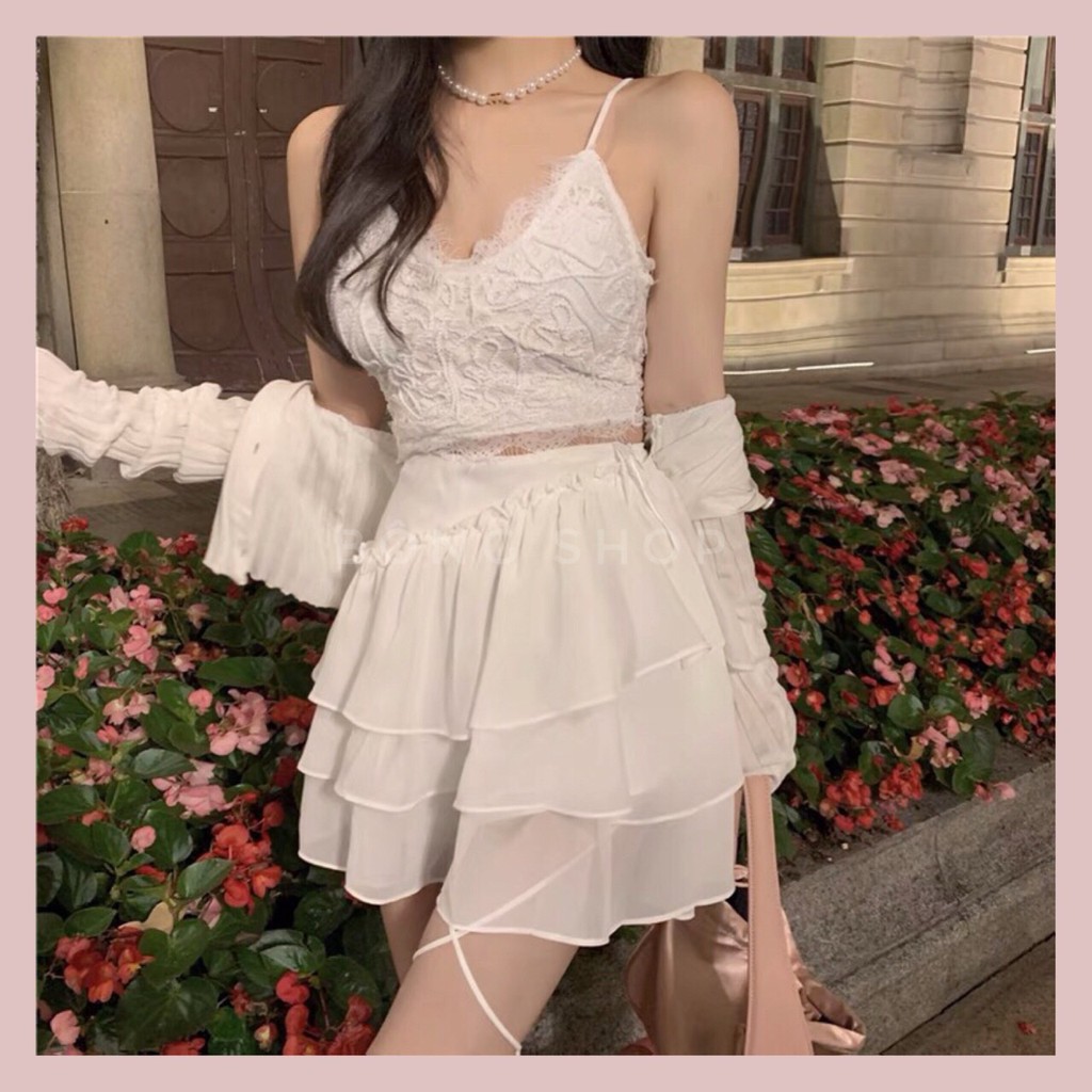 Chân váy xòe 3 tầng phối dây cột cá tính màu trắng và đen