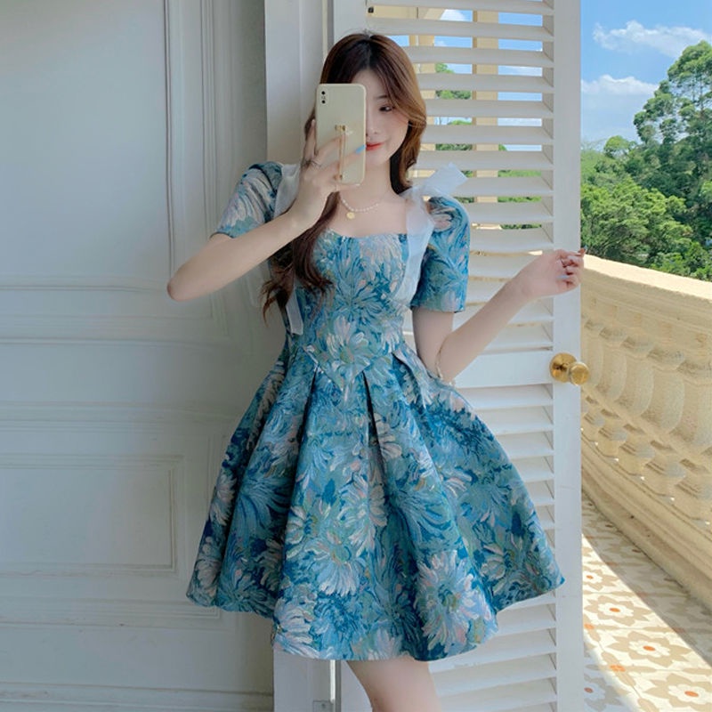 Đầm Ngắn Tay Phồng In Hoa Màu Xanh Dương Thời Trang Mùa Hè Sang Trọng Cho Nữ