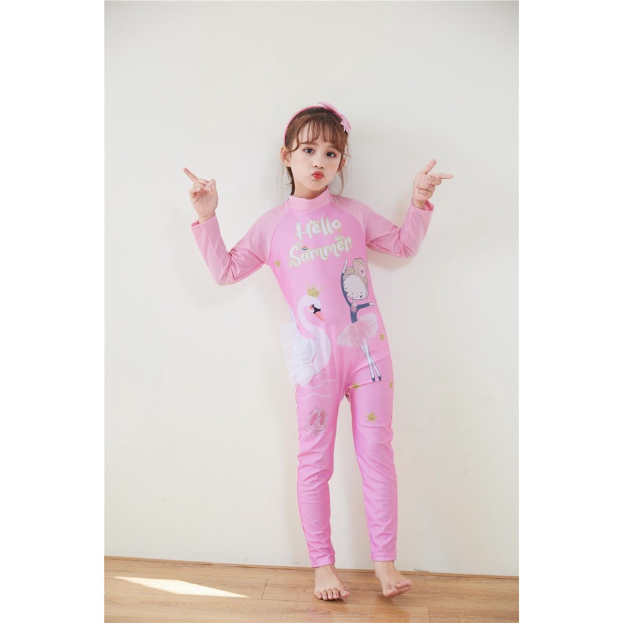 Đồ bơi bé gái liền thân họa tiết CÔNG CHÚA KỲ LÂN tay dài quần dài Full body bao gồm nón bơi (Mẫu mới 2022)
