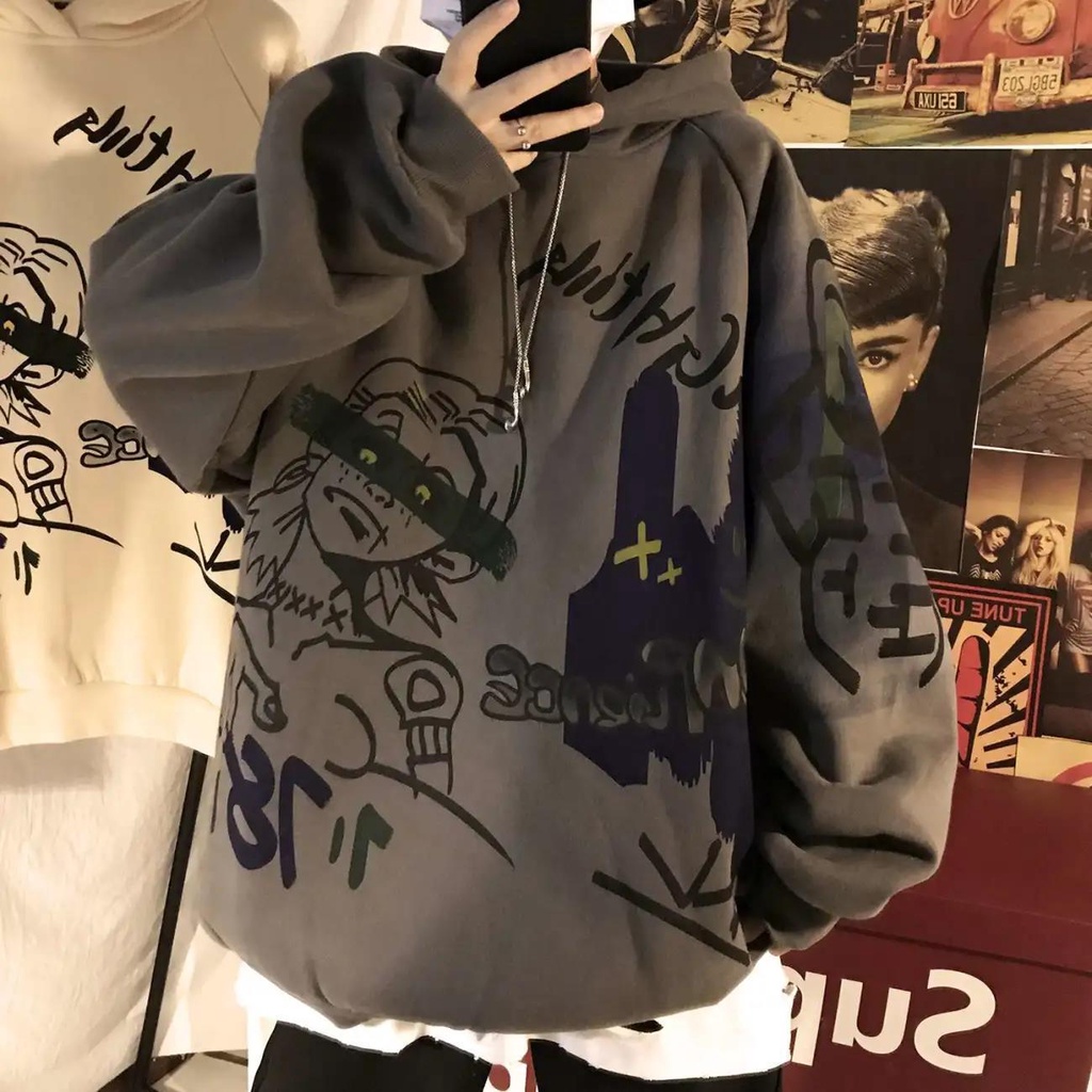 Áo Hoodie Lót Nhung Dáng Rộng Họa Tiết Graffiti Phong Cách Hip Hop Cá Tính Cho Nam