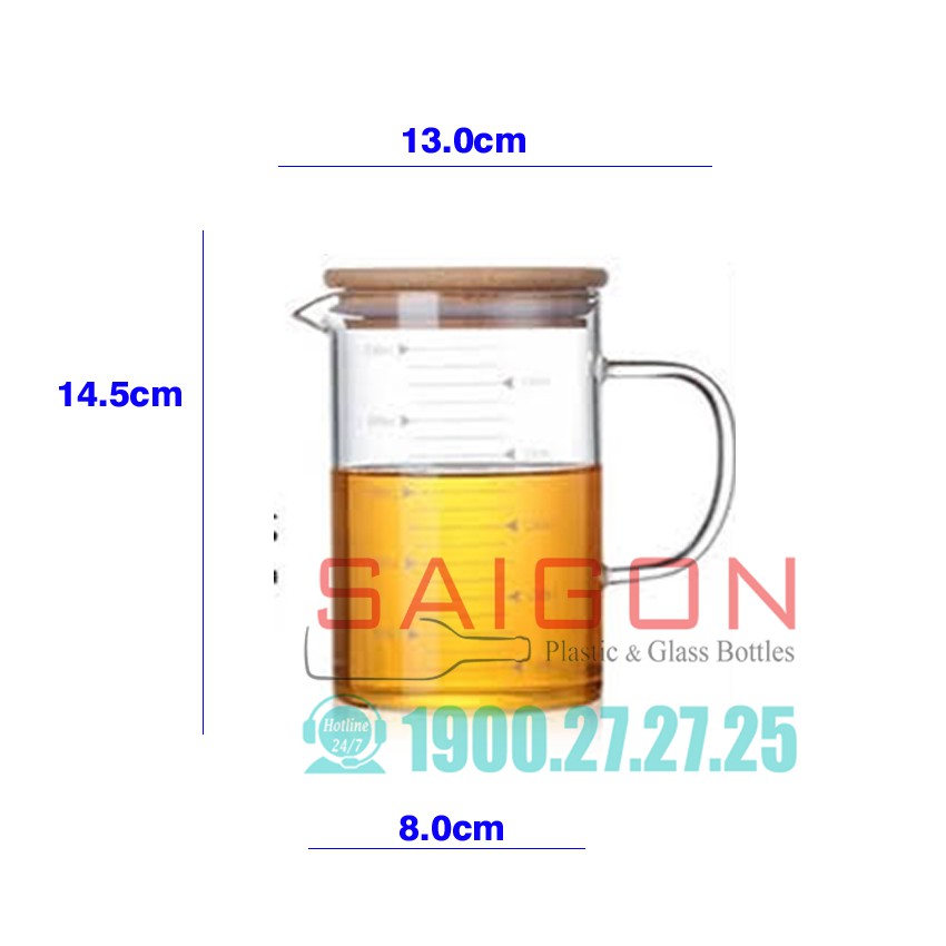 Ca Thủy Tinh Chia Vạch chịu Nhiệt Borosilicate Cao cấp 500ml , kèm Nắp Gỗ Kính hơi.