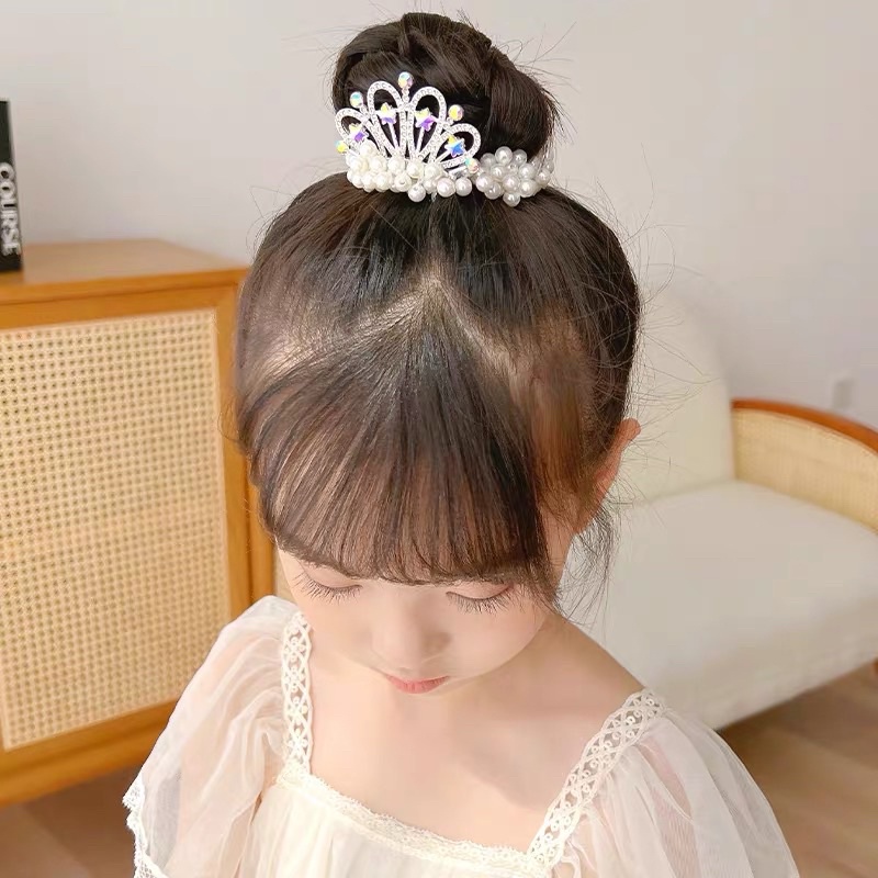 Dây buộc tóc hình vương miệng đính đá phối ngọc - Búi tóc cho bé đáng yêu