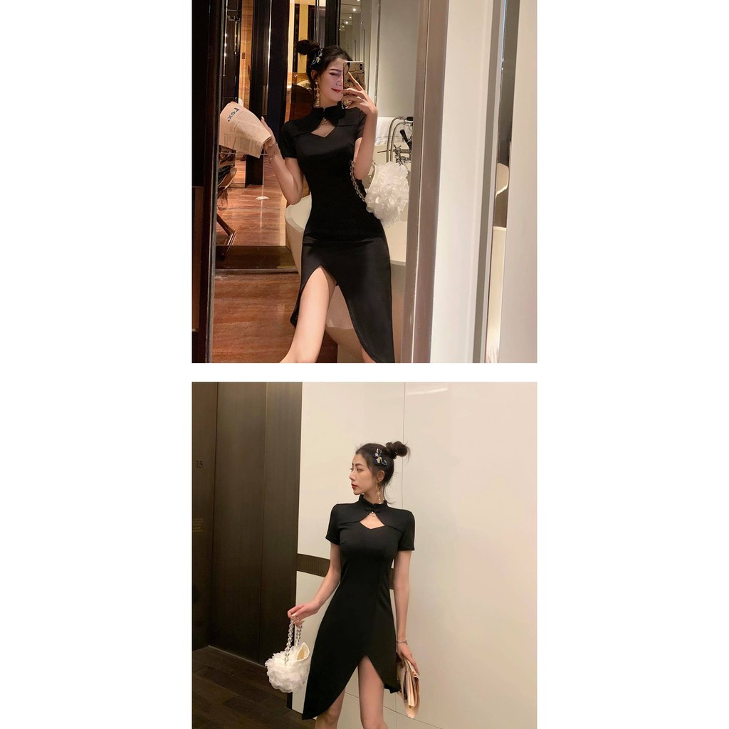Sườn xám đen khoét ngực tà xéo