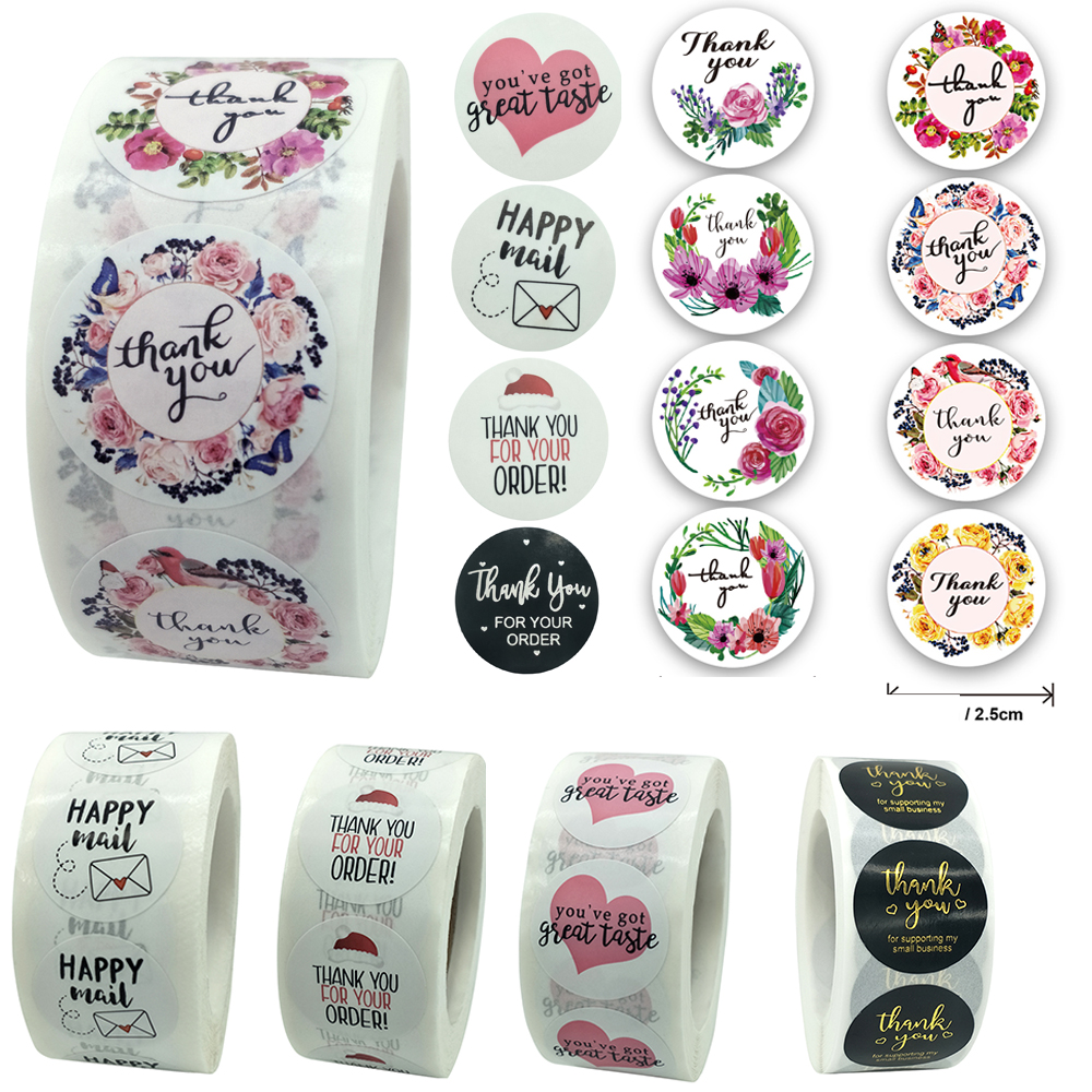 NEONY 500Pcs DIY Crafts Self Adhesive Gift Packaging Sealing Craft Thank You Stickers Happy Mail Package Label Sticker roll Wedding Decor Round label Party Supplies Gift Paper Sticker