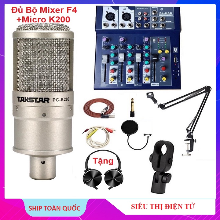Combo Micro PC-K200 Chính Hãng Takstar, Mixer F4 USB Bluetooth - Tặng Tai Nghe - Đủ Phụ Kiện Có Kẹp Micro