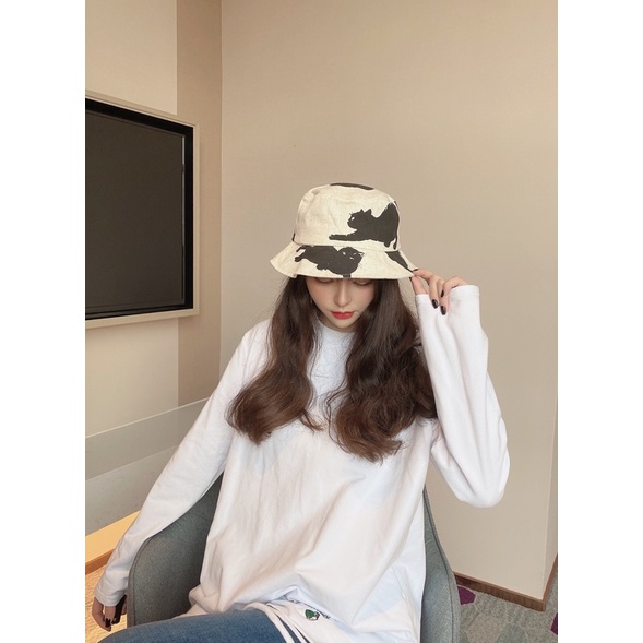 Mũ Tai Bèo Vải Lanh Cotton In Hình Mèo Kitty Dễ Thương Dễ Phối Đồ Cho Nam Và Nữ