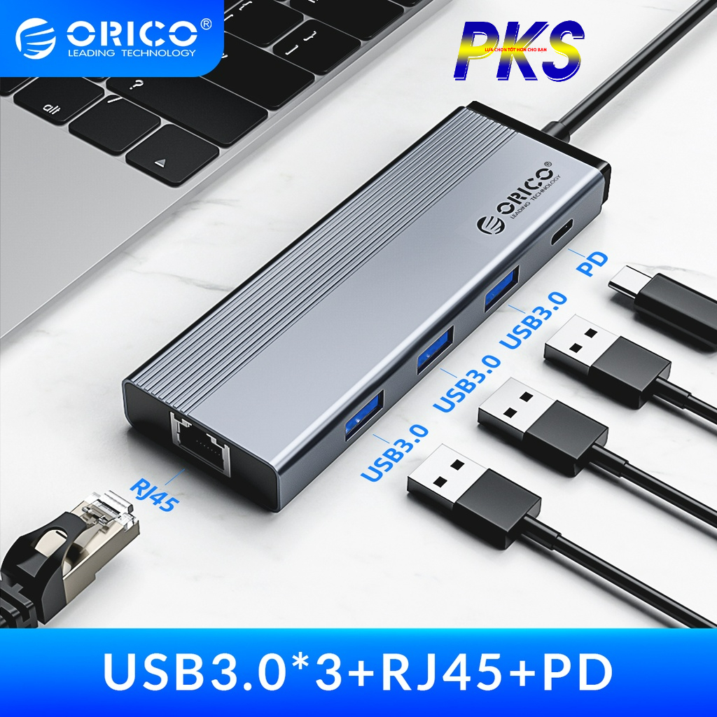 Đế cắm đa năng 5 trong 1 cổng Type C ra 1 cổng mạng LAN RJ45, 3 USB 3.0, 1 PD Type-C Orico 5SXRJ-GY - Hàng chính hãng