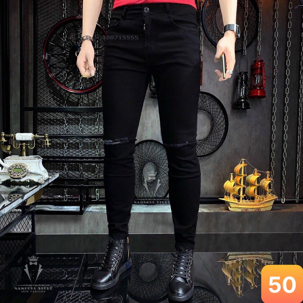 Quần jeans nam màu xanh nhạt trơn rách gối chất liệu bò jean cao cấp co dãn 4 chiều đẹp form rin skinny LAVADO41