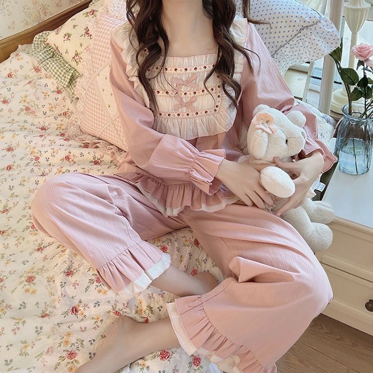 Bộ Đồ Ngủ Tay Dài Cổ Vuông Màu Trơn Dễ Thương Phong Cách Nhật Bản Thời Trang Xuân Thu Cho Nữ