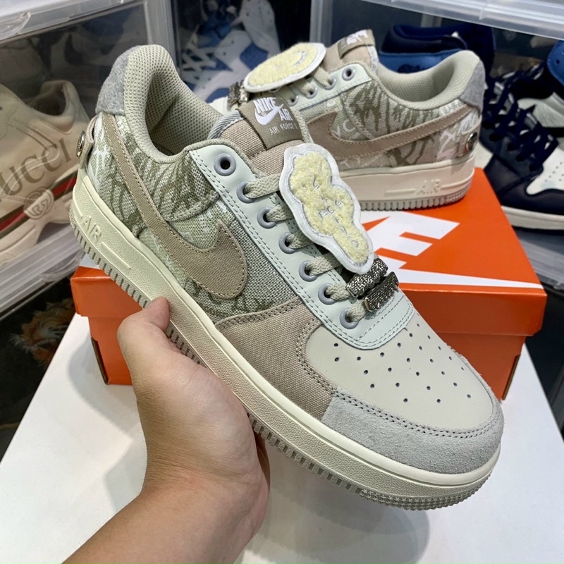 Giày AF1 travis scott xám kem khuy bấm, giày air force 1 travis scot xám cao cấp