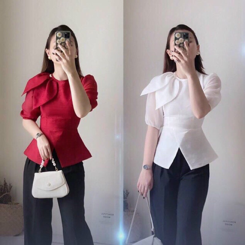 Áo sơ mi peplum cổ nơ xinh xắn vạt xẻ V 2 lớp.chất tơ xước 2 lớp mền mát