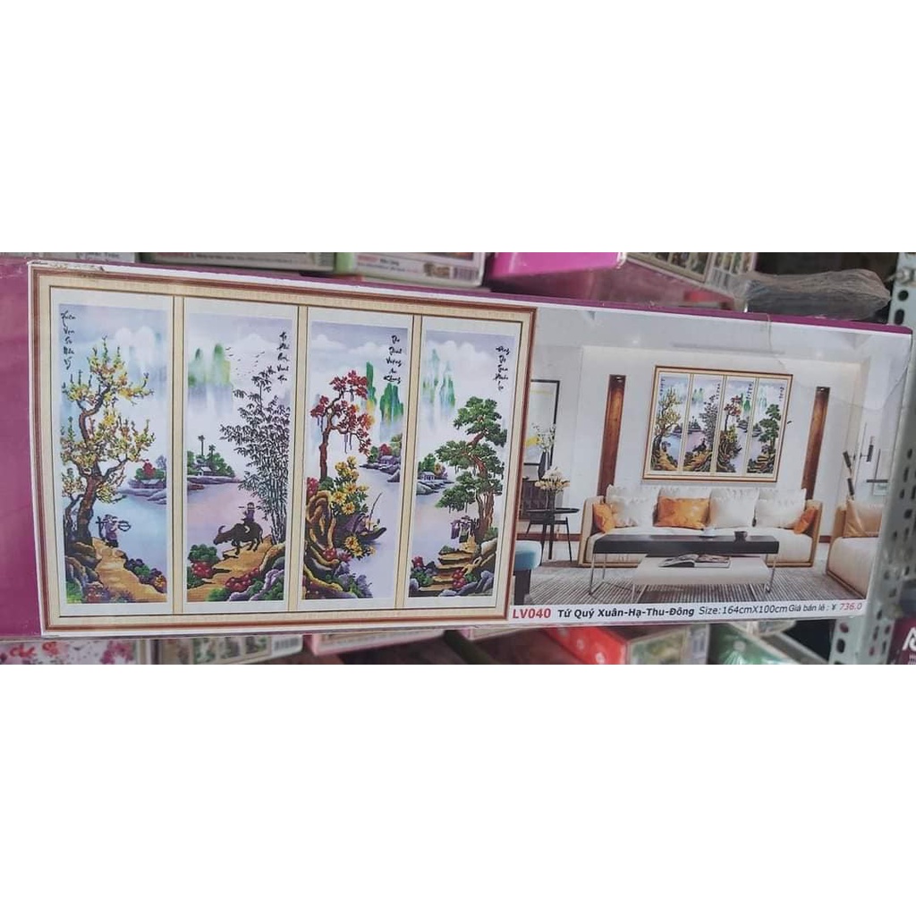 Tranh đính đá tứ quý xuân hạ thu đông KT:36x100x4 bức. Tranh gắn đá tự đính.