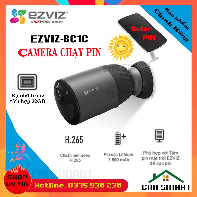 [100% CHÍNH HÃNG] Camera WIFI Ngoài Trời Dùng PIN EZVIZ BC1C 1080P, Màu ban đêm, năng lượng mặt trời, Đàm Thoại 2 Chiều