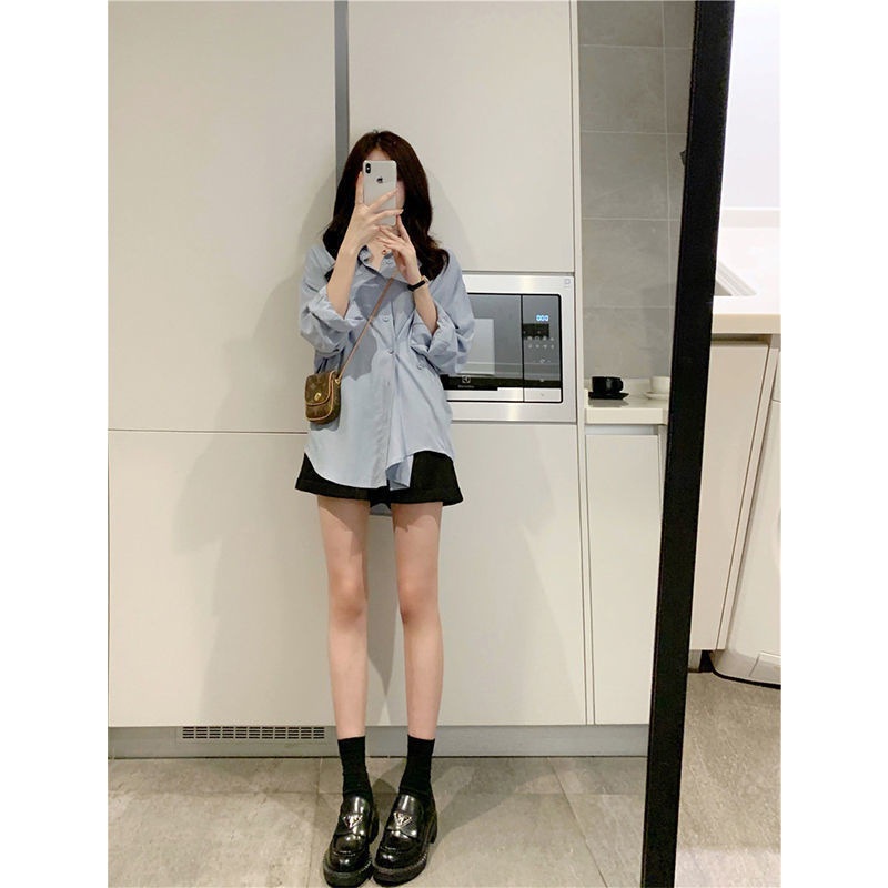 Áo sơ mi nữ dài tay áo kiểu cổ bẻ vintage công sở form rộng basic vạt lệch phong cách Hàn Quốc S3T5-6