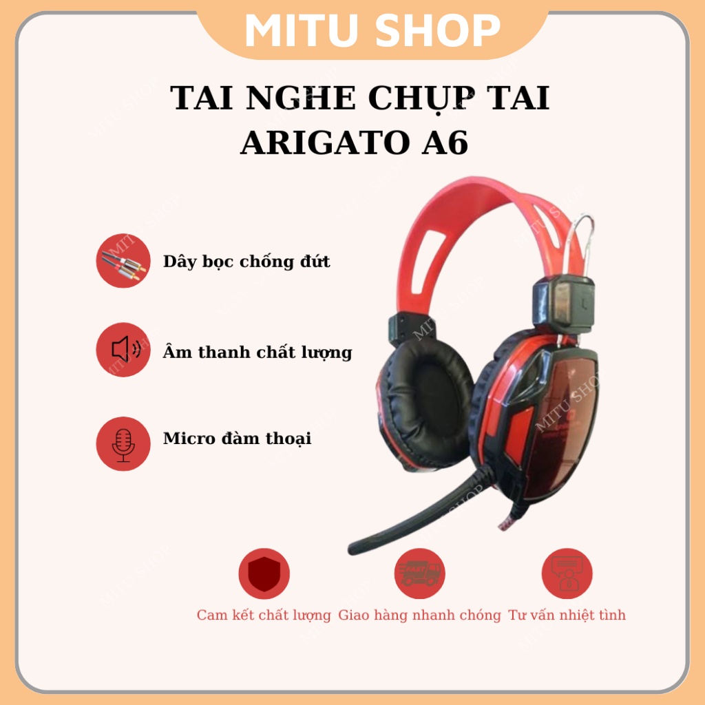 Tai nghe chụp tai gaming Arigato A6 jack 3.5mm có micro dây chống đứt cho máy tính laptop